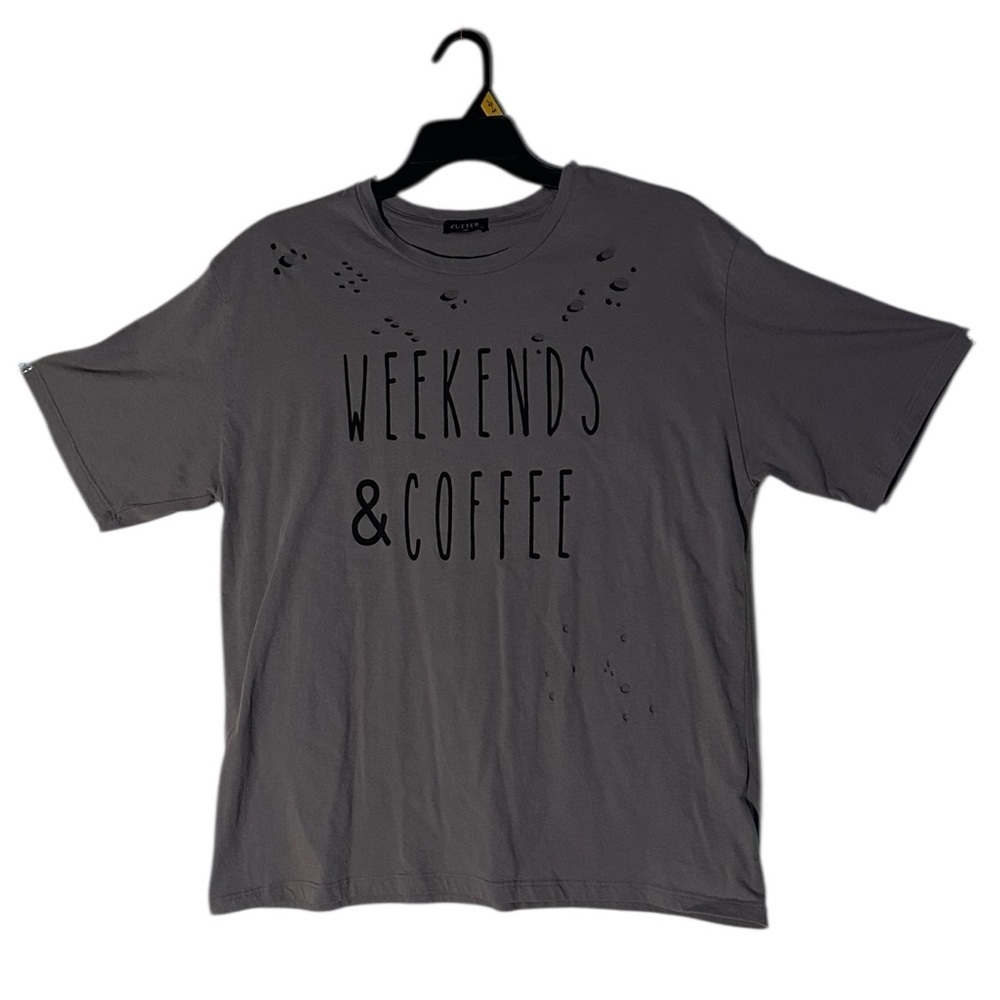 Zutter women’s distressed weekend and coffee, custom oversized T-shirt size L .